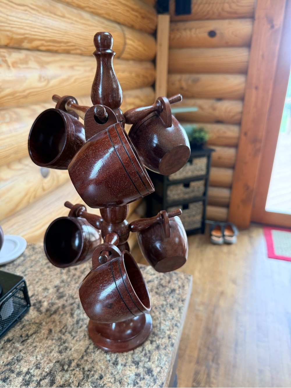 Wooden Mug Tree Stand with Brown Mugs - Home Kitchen